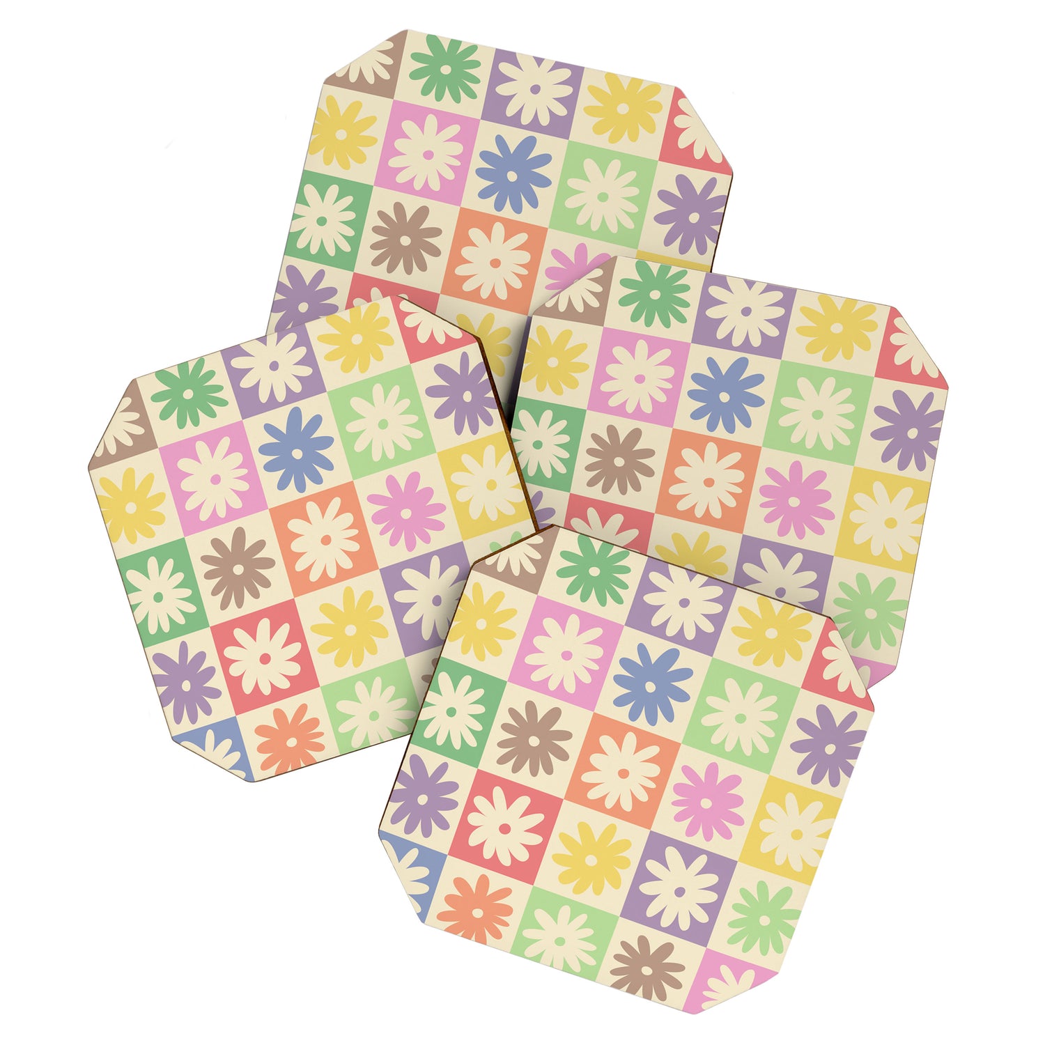 Colorful Flower Checkered Pattern Coaster Gallery Image 1