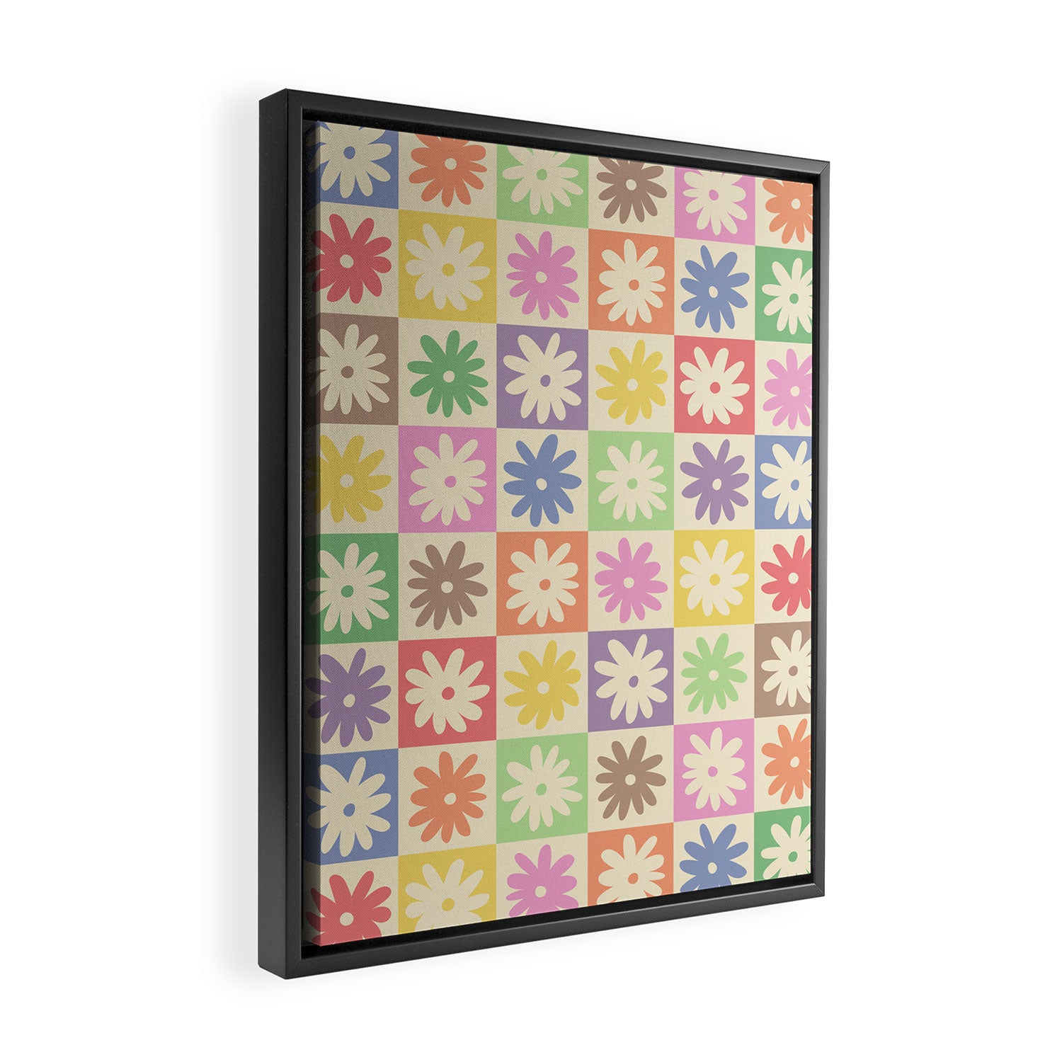 Colorful Flower Checkered Pattern Framed Canvas Print Gallery Image 2