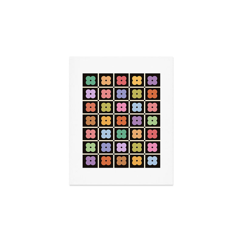 Colorful Flowers and Black & White Patchwork Gingham  Art Print Gallery Image 1