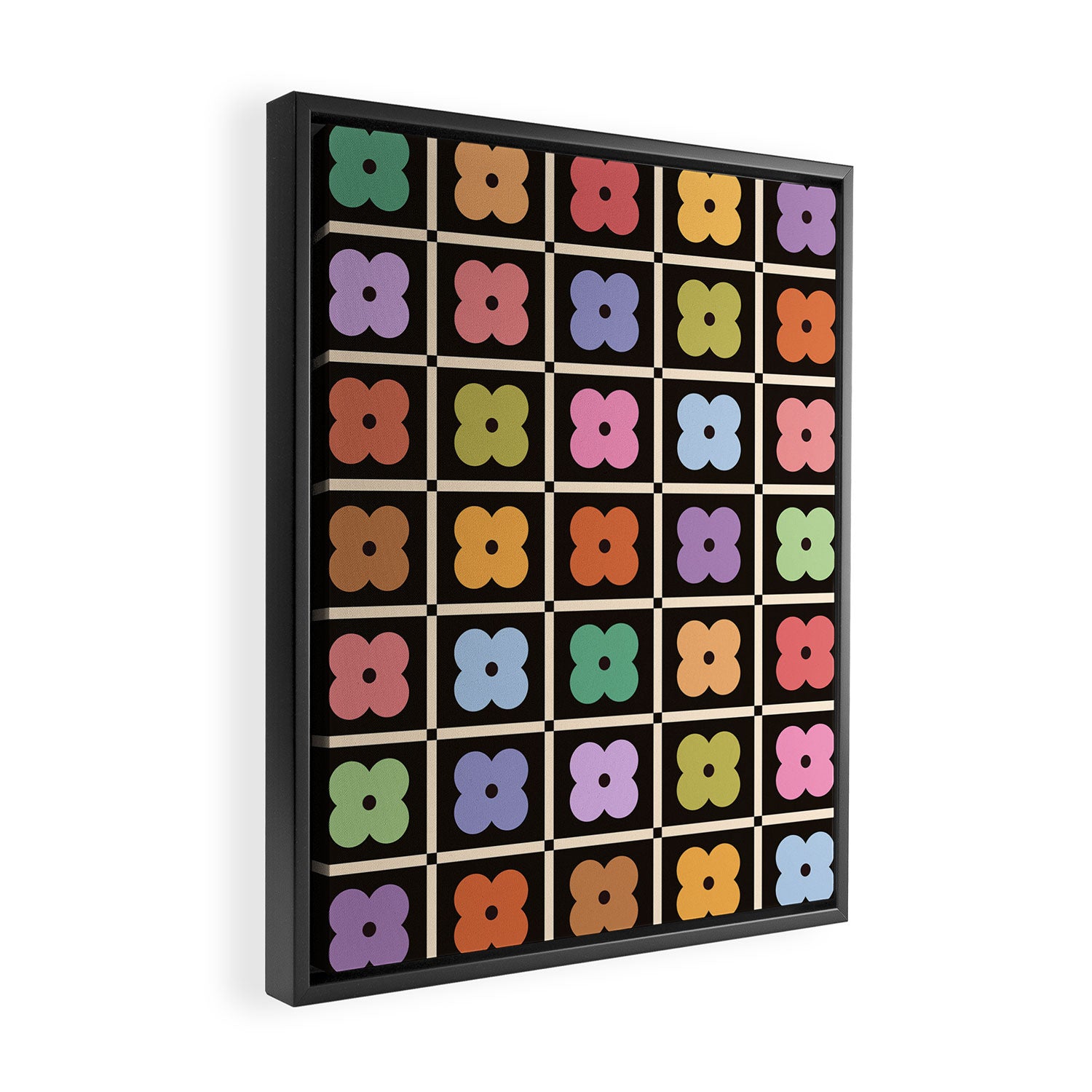 Colorful Flowers and Black & White Patchwork Gingham  Framed Canvas Print Gallery Image 2