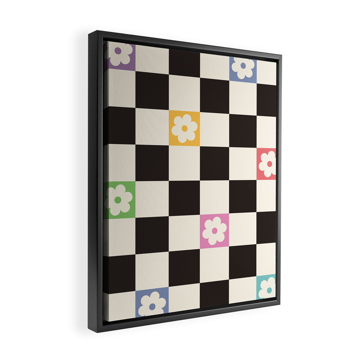 Colorful Flowers Black&White Checker Framed Canvas Print Gallery Image 2