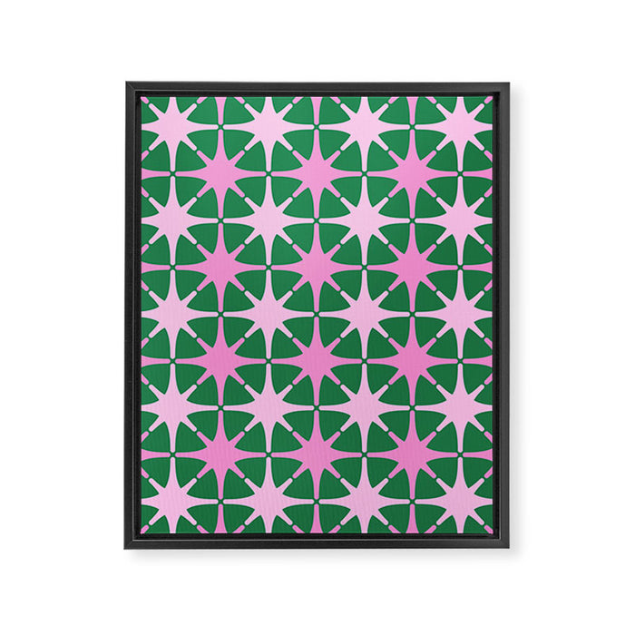Festive Mid-Century Stars in Green & Pink Framed Canvas Print Gallery Image 1
