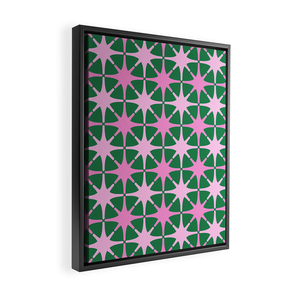 Festive Mid-Century Stars in Green & Pink Framed Canvas Print Gallery Image 2