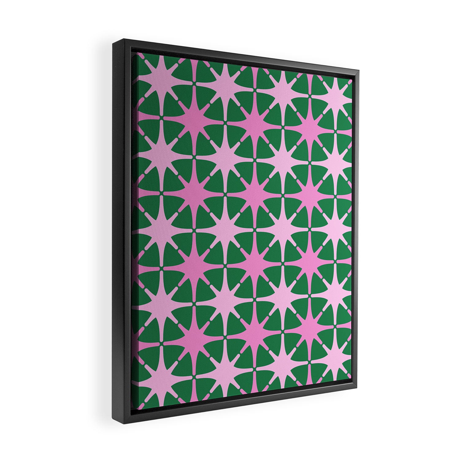 Festive Mid-Century Stars in Green & Pink Framed Canvas Print Gallery Image 2