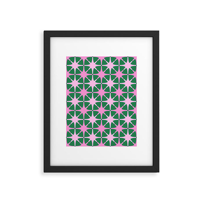 Festive Mid-Century Stars in Green & Pink Framed Art Print Gallery Image 1
