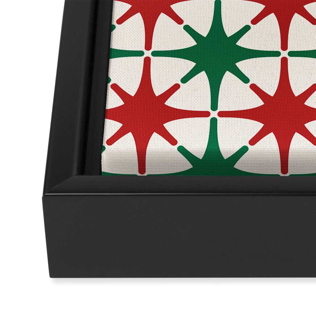 Festive Mid-Century Stars & Sparkles in Green, Red & White Framed Canvas Print Gallery Image 3