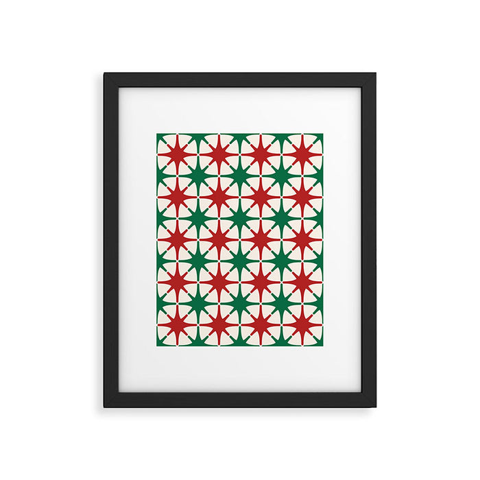 Festive Mid-Century Stars & Sparkles in Green, Red & White Framed Art Print Gallery Image 1