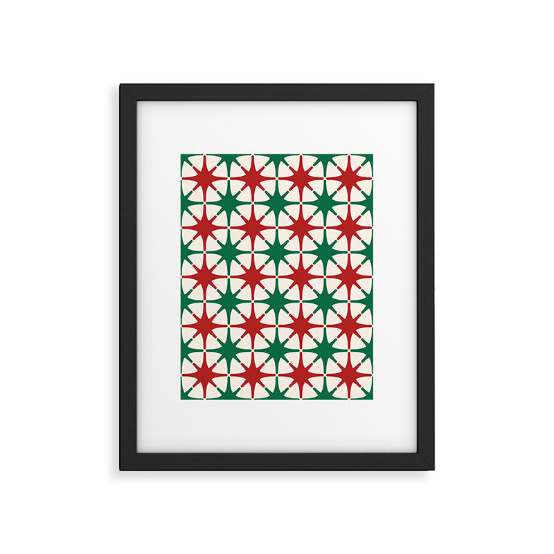 Festive Mid-Century Stars & Sparkles in Green, Red & White Framed Art Print Gallery Image 5