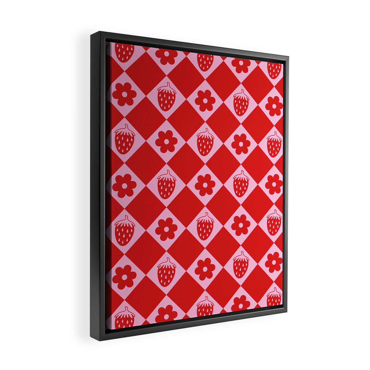 Flowers And Strawberry Pink & Red Checker Framed Canvas Print Gallery Image 2