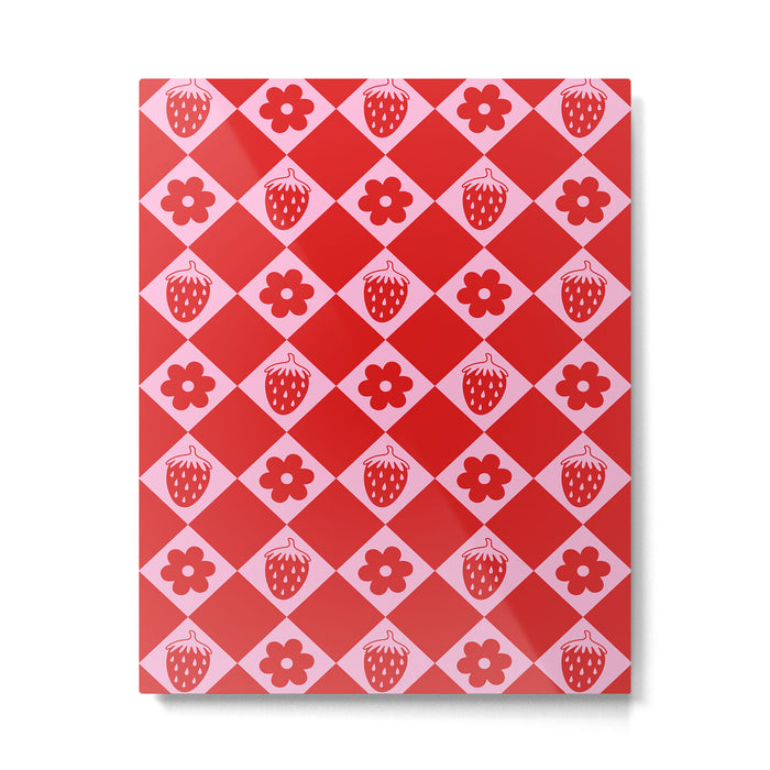 Flowers And Strawberry Pink & Red Checker Metal Print Gallery Image 1