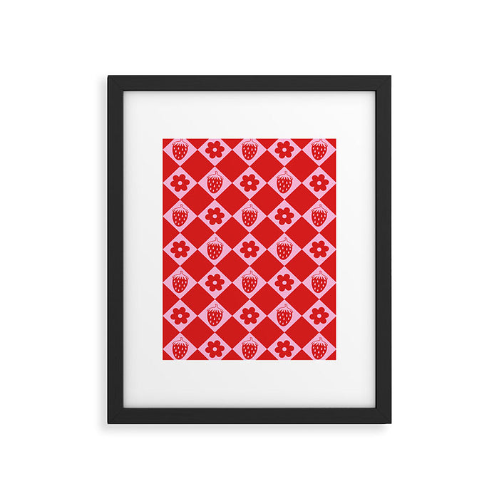 Flowers And Strawberry Pink & Red Checker Framed Art Print Gallery Image 1