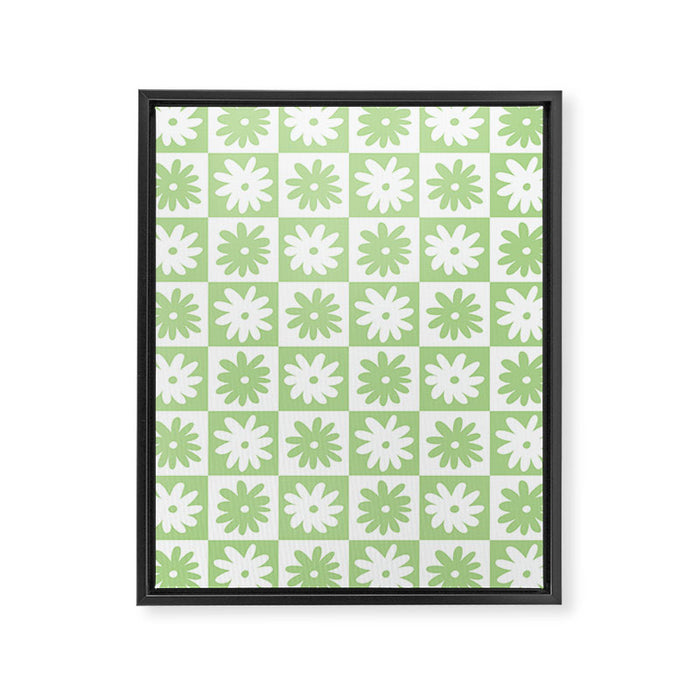 Green And White Checkered Flower Pattern Framed Canvas Print Gallery Image 1