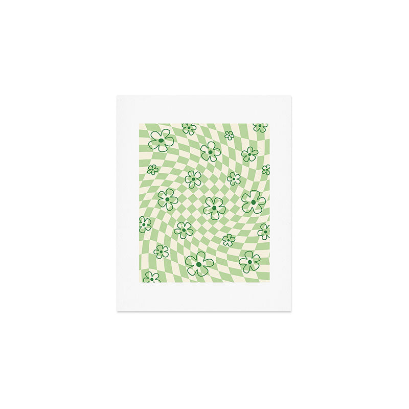 Green Checker Swirl With Flowers Art Print Gallery Image 1