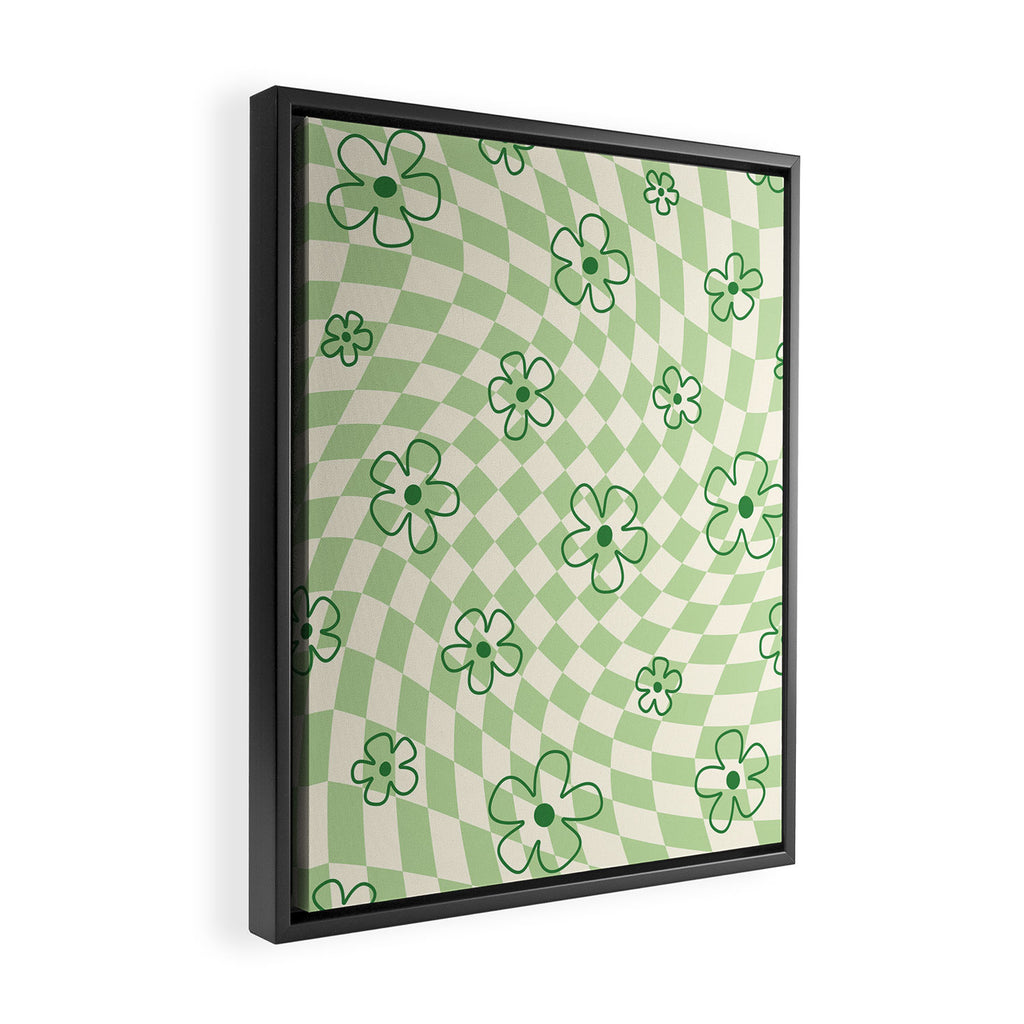 Green Checker Swirl With Flowers Framed Canvas Print Gallery Image 2
