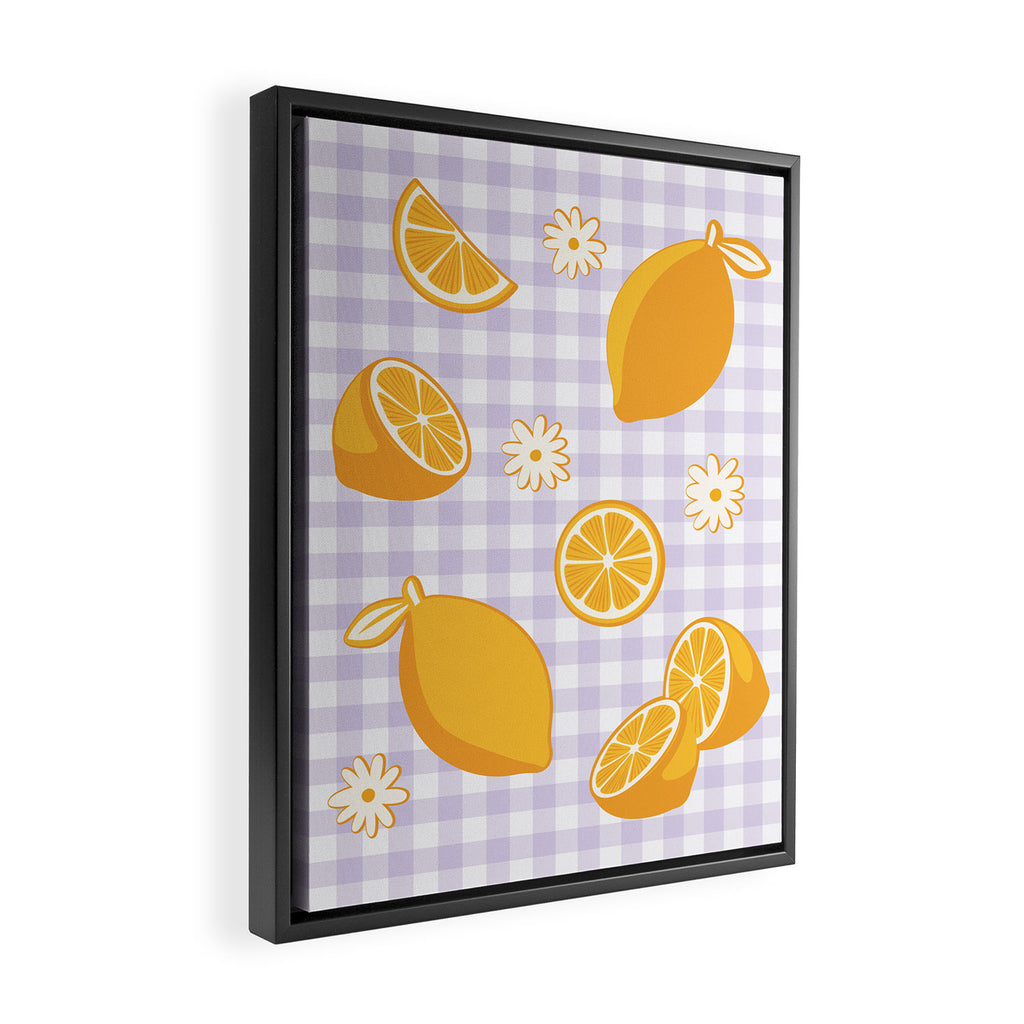 Lemons on Lilac Purple Gingham Framed Canvas Print Gallery Image 2