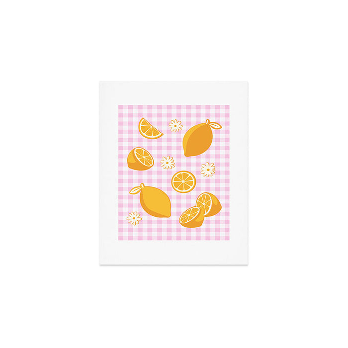 Lemons on Pastel Baby Pink Gingham Art Print Gallery Image 1