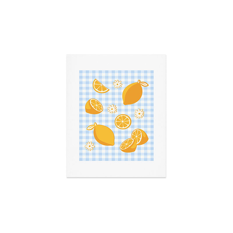 Lemons on Pastel Blue Gingham Art Print Gallery Image 1