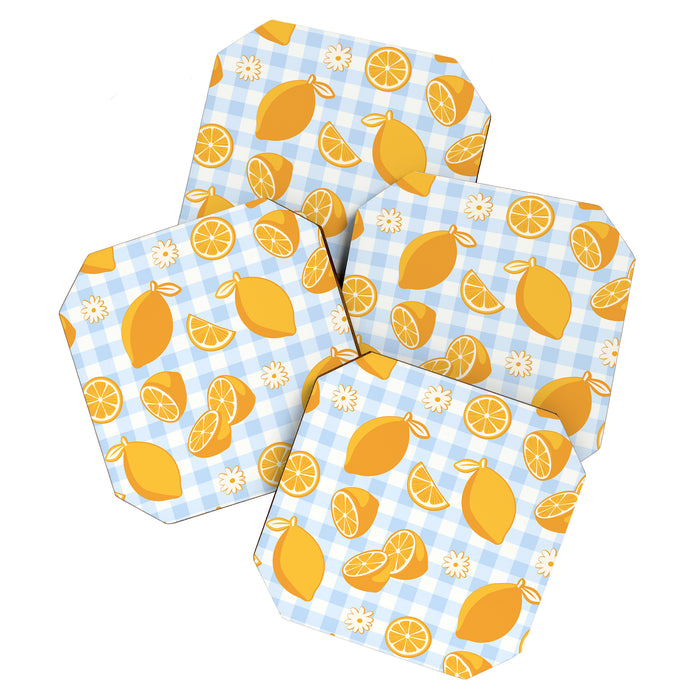 Lemons on Pastel Blue Gingham Coaster Gallery Image 1