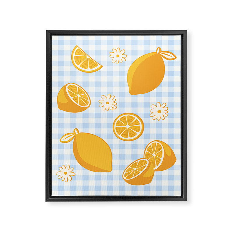 Lemons on Pastel Blue Gingham Framed Canvas Print Gallery Image 8