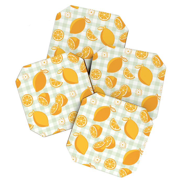 Lemons on Pastel Sage Green Gingham Coaster Gallery Image 1