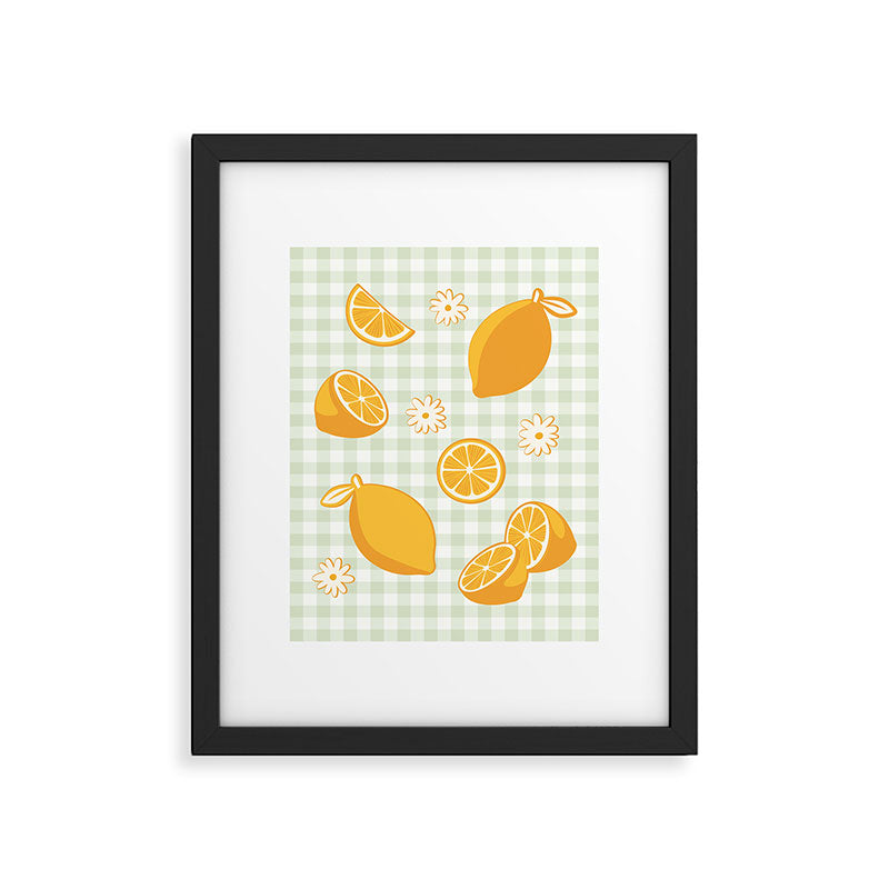 Lemons on Pastel Sage Green Gingham Framed Art Print Gallery Image 6