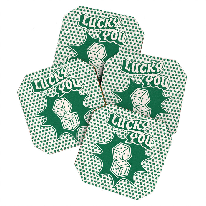 Lucky You Dice in Green and Linen White Coaster Gallery Image 1