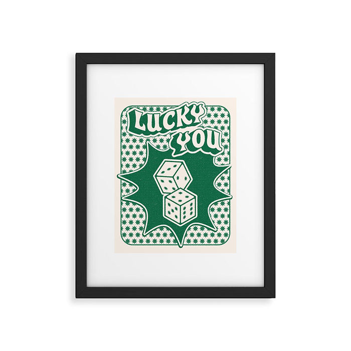 Lucky You Dice in Green and Linen White Framed Art Print Gallery Image 1