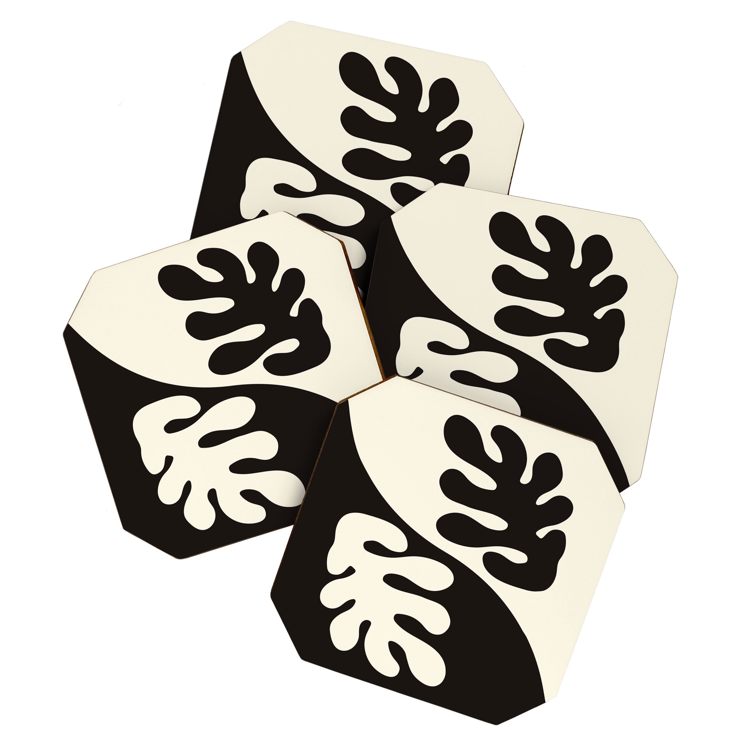 Matisse Inspired Yin Yang Leaf Cutouts in Black & Off White Coaster Gallery Image 1
