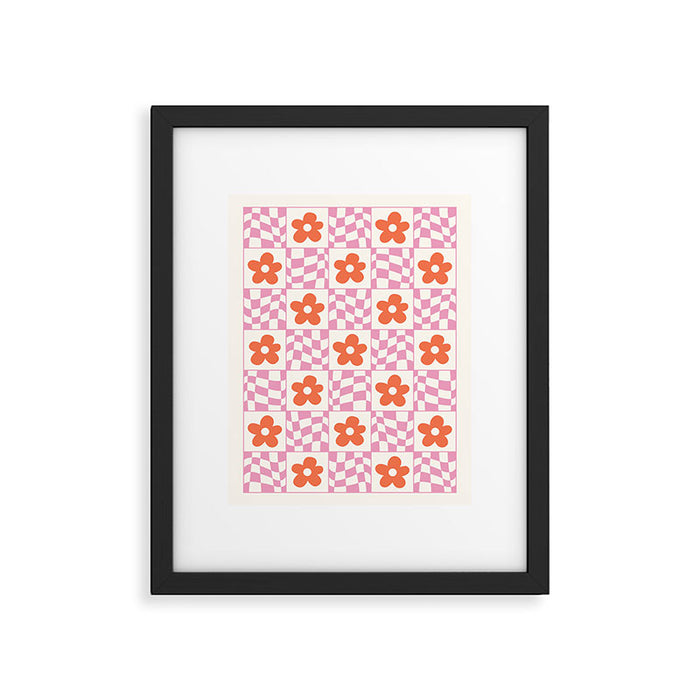 Orange Flower Pink & White Warped Double Checker Framed Art Print Gallery Image 1