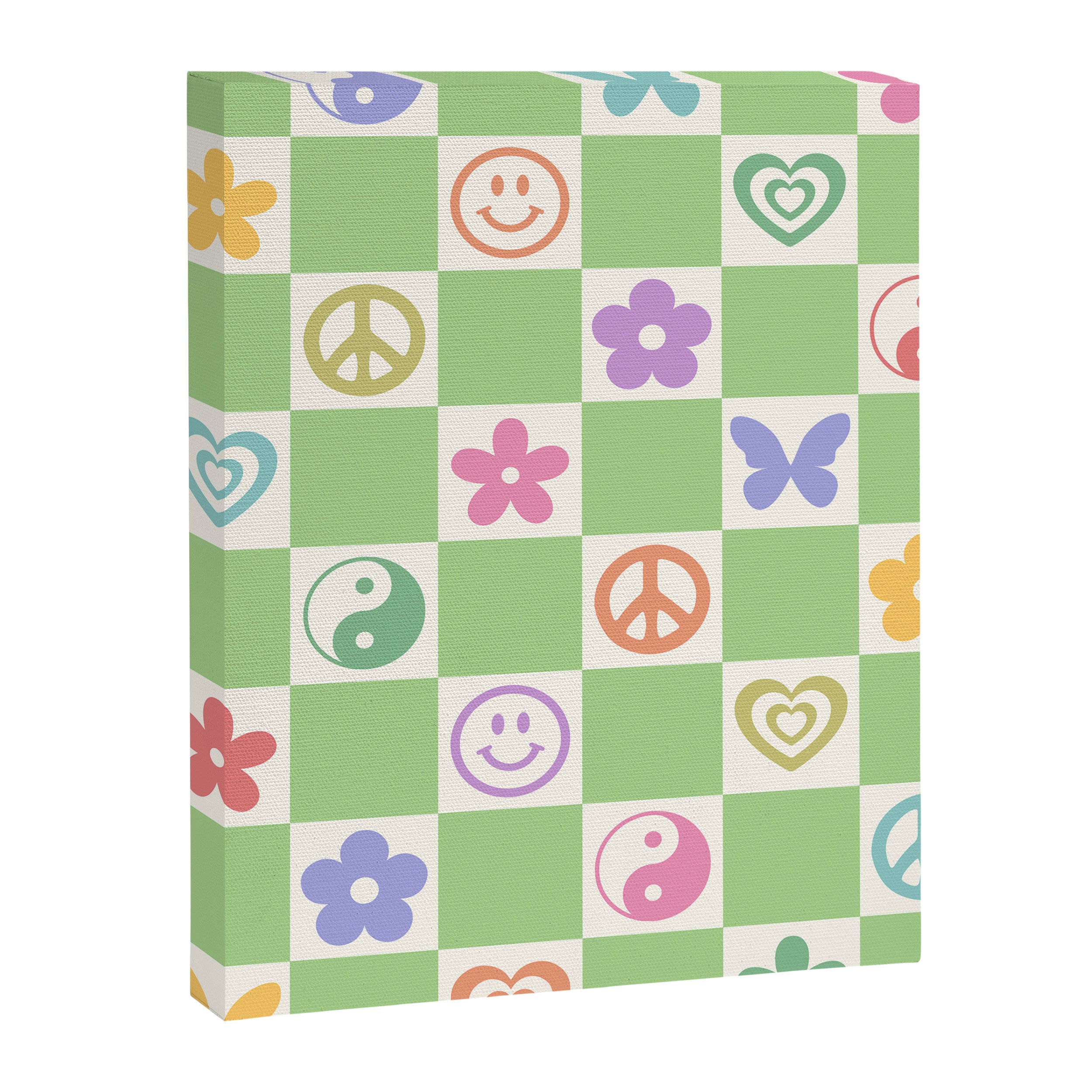 Peace & Love Retro Nostalgia Green Checker Canvas Print Gallery Image 6
