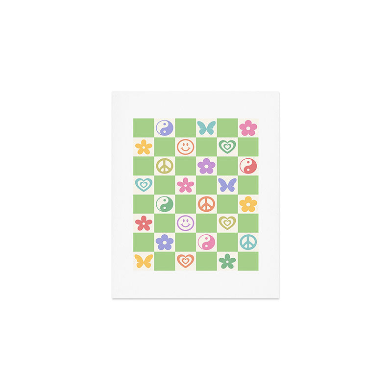 Peace & Love Retro Nostalgia Green Checker Art Print Gallery Image 1