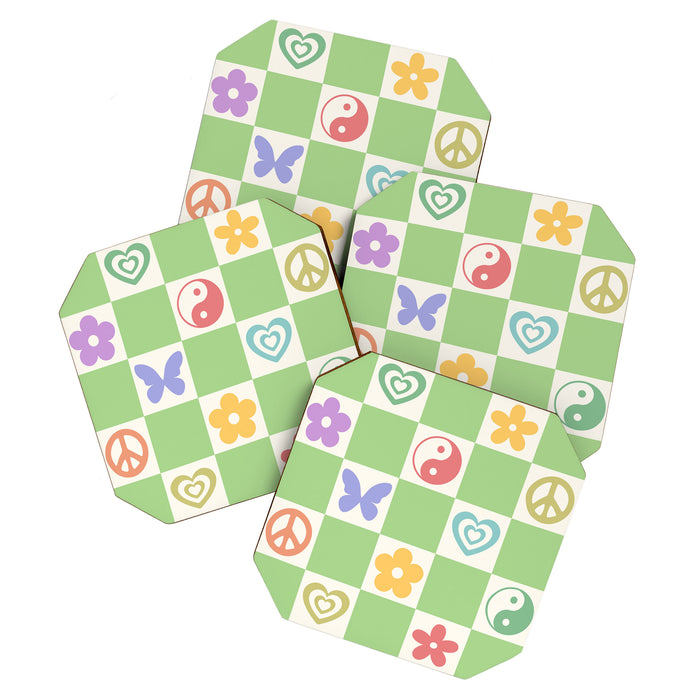 Peace & Love Retro Nostalgia Green Checker Coaster Gallery Image 1