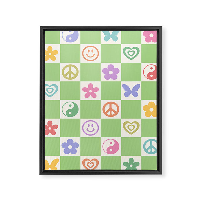 Peace & Love Retro Nostalgia Green Checker Framed Canvas Print Gallery Image 1