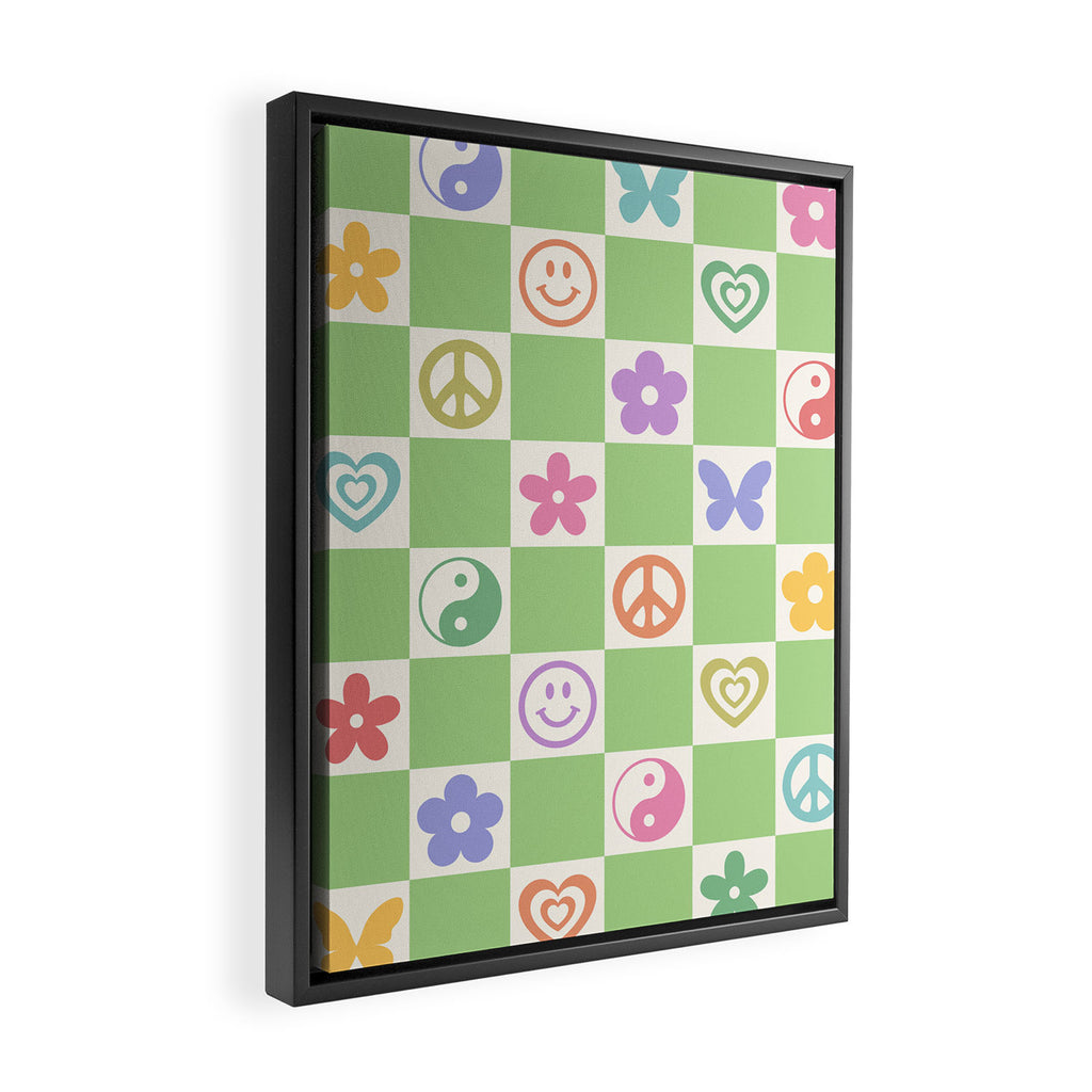 Peace & Love Retro Nostalgia Green Checker Framed Canvas Print Gallery Image 2