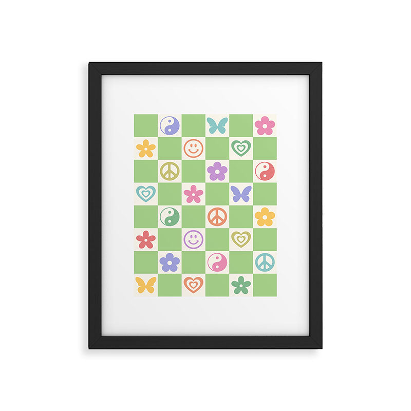 Peace & Love Retro Nostalgia Green Checker Framed Art Print Gallery Image 4