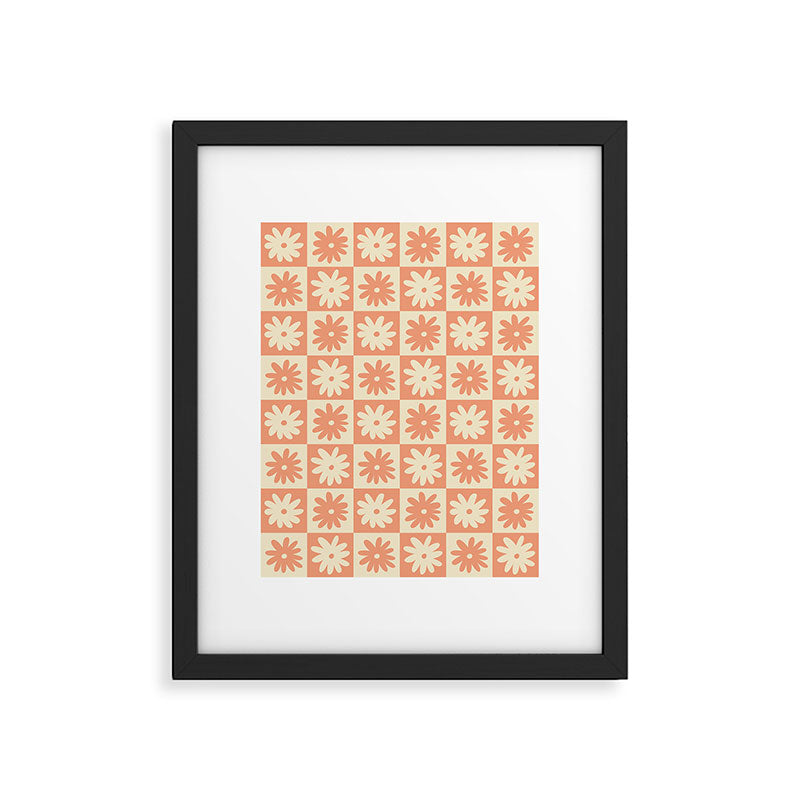 Peach And Off White Checkered Floral Pattern Framed Art Print Gallery Image 5