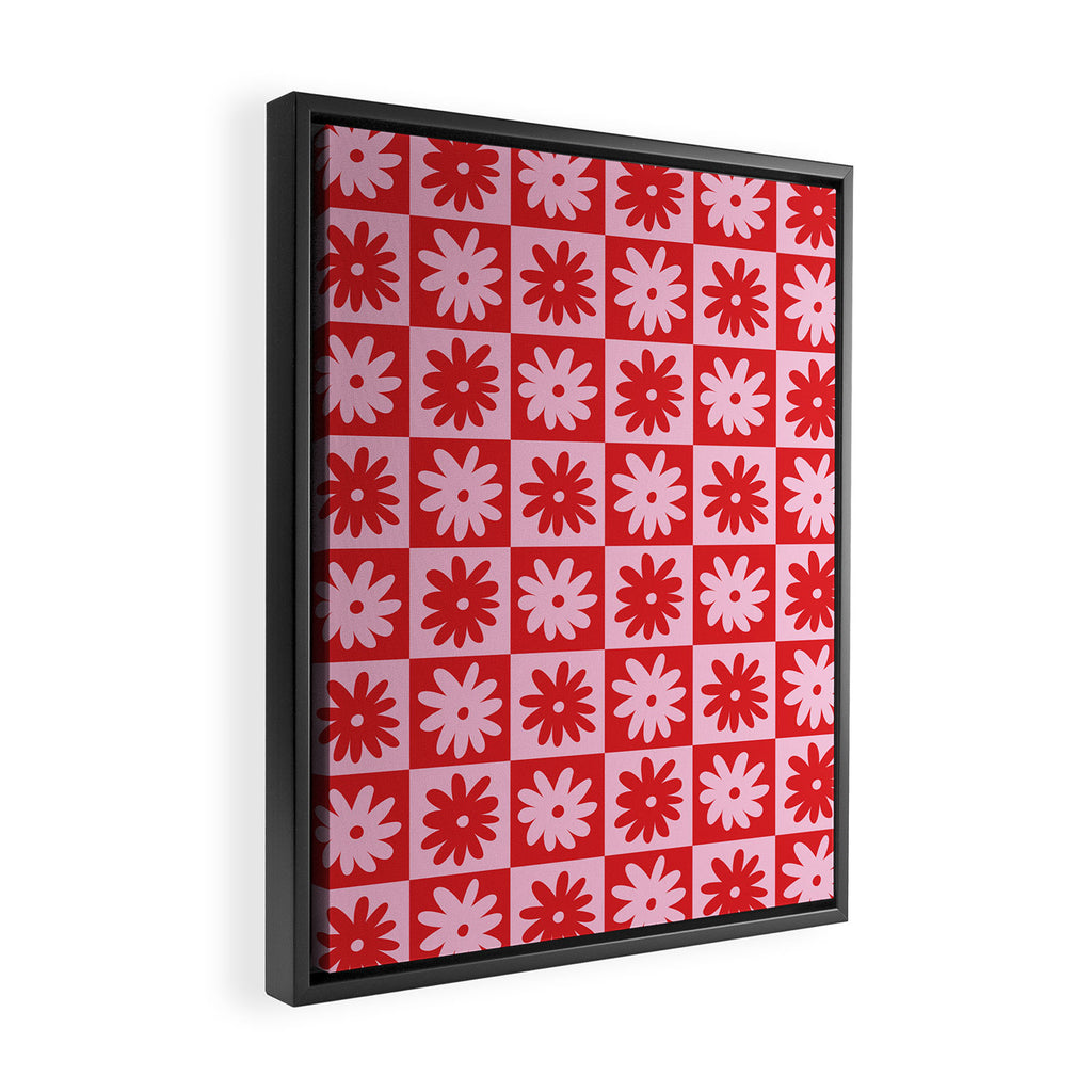 Pink & Red Checkerboard Flower Pattern Framed Canvas Print Gallery Image 2