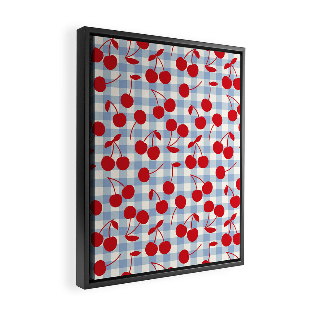 Red Cherries & Baby Blue Gingham Framed Canvas Print Gallery Image 2