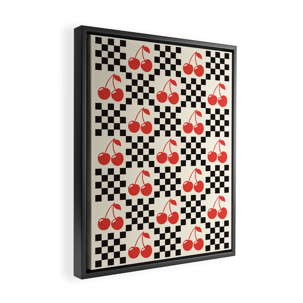 Red Cherries, Black & White Double Checker Framed Canvas Print Gallery Image 2