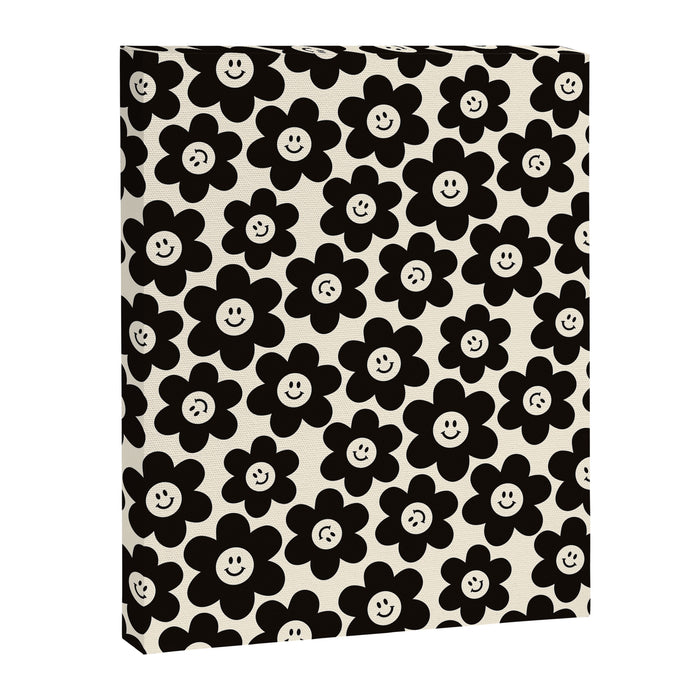Retro Black & White Smiley Flower Pattern Canvas Print Gallery Image 1