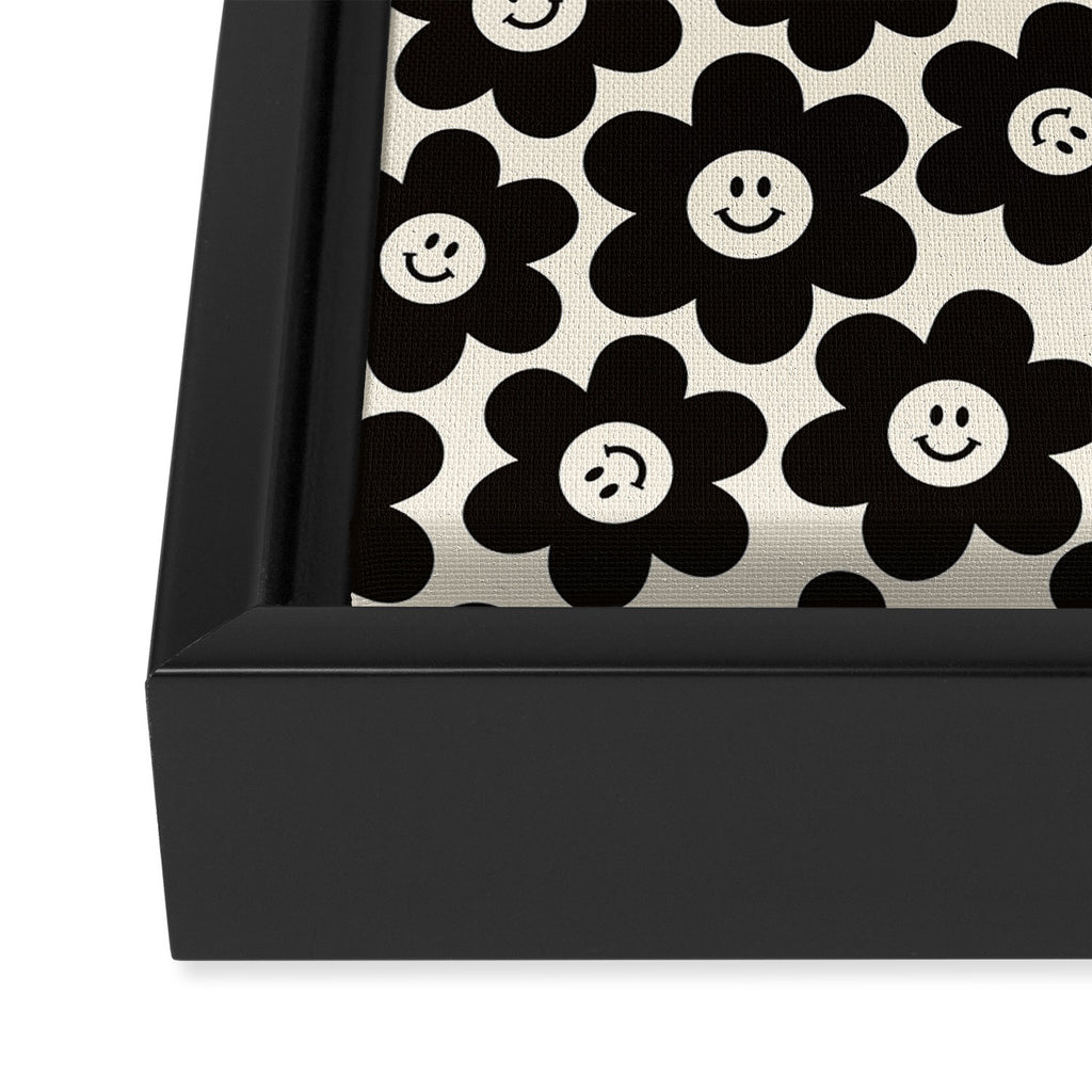 Retro Black & White Smiley Flower Pattern Framed Canvas Print Gallery Image 3