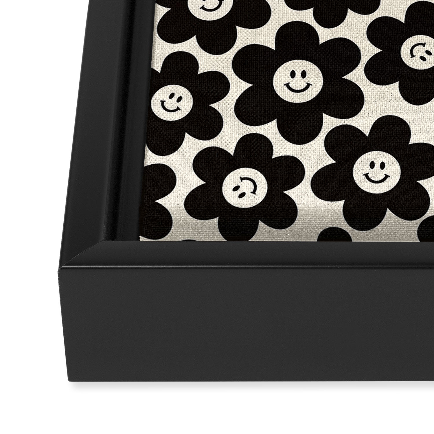 Retro Black & White Smiley Flower Pattern Framed Canvas Print Gallery Image 3