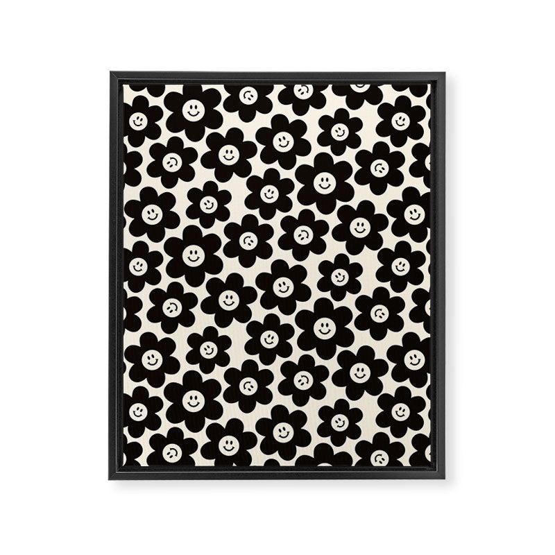 Retro Black & White Smiley Flower Pattern Framed Canvas Print Gallery Image 6
