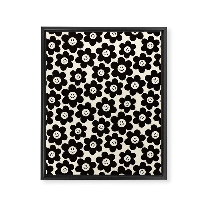 Retro Black & White Smiley Flower Pattern Framed Canvas Print Gallery Image 1