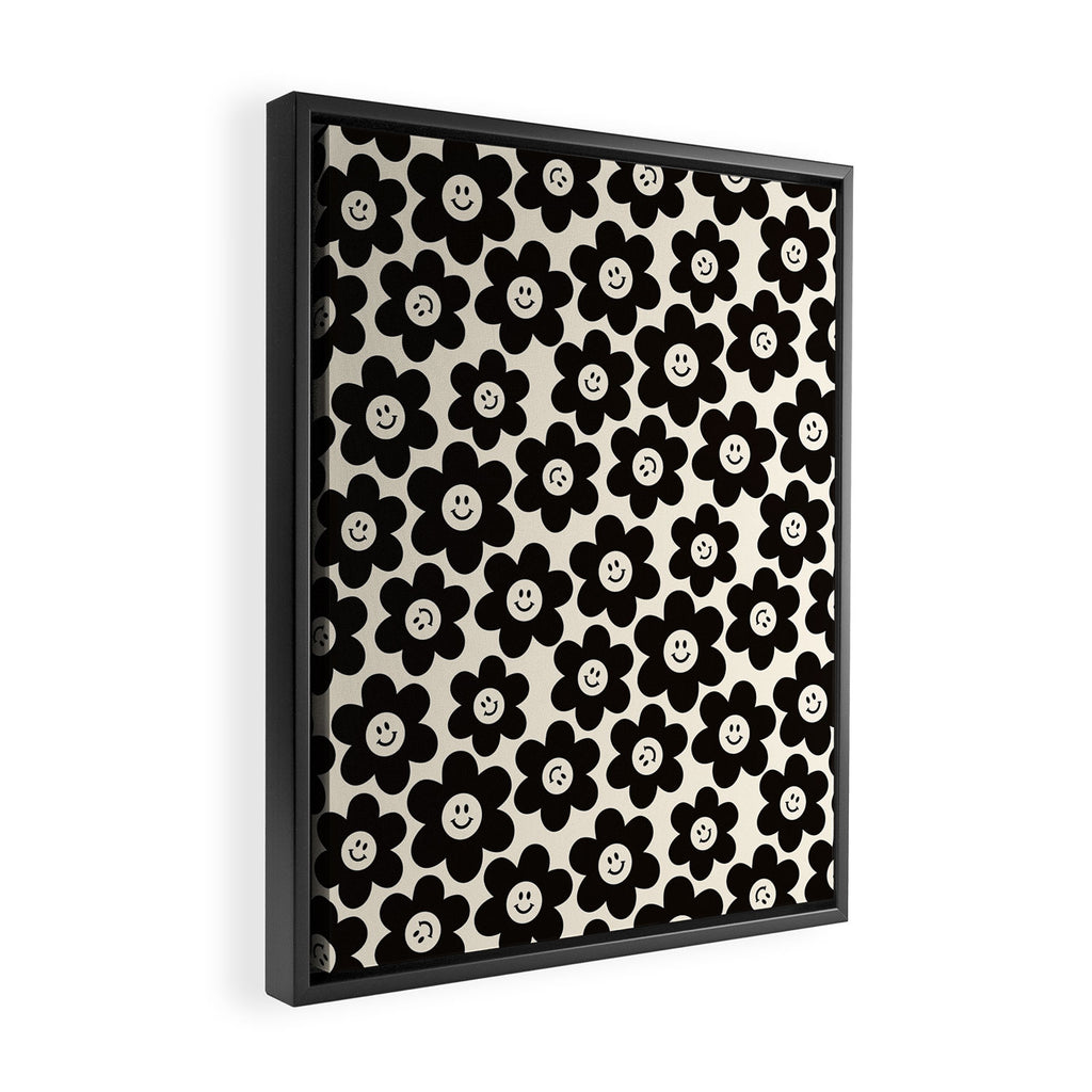 Retro Black & White Smiley Flower Pattern Framed Canvas Print Gallery Image 2
