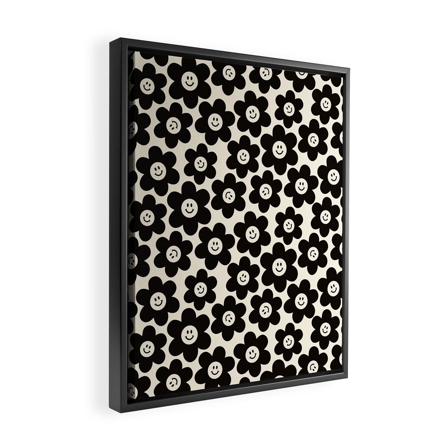 Retro Black & White Smiley Flower Pattern Framed Canvas Print Gallery Image 2