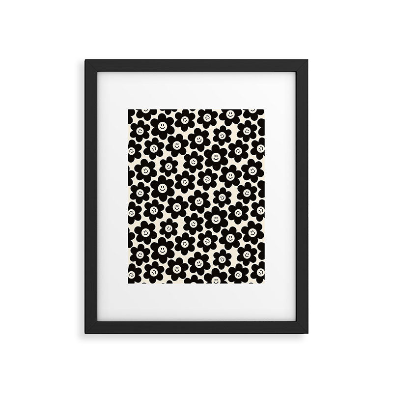 Retro Black & White Smiley Flower Pattern Framed Art Print Gallery Image 5