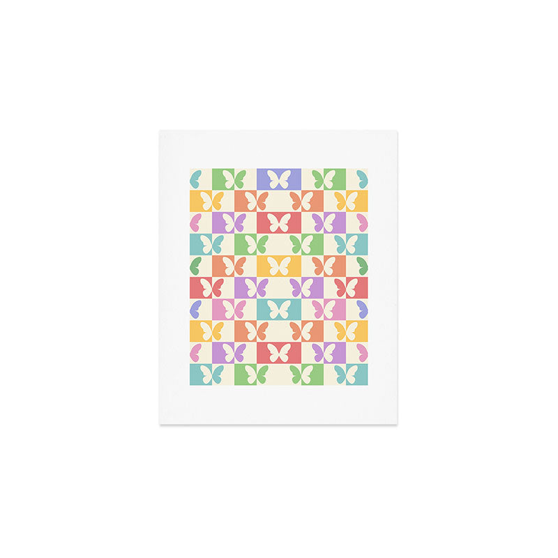 Retro Colorful Butterfly Checkered Pattern Art Print Gallery Image 1