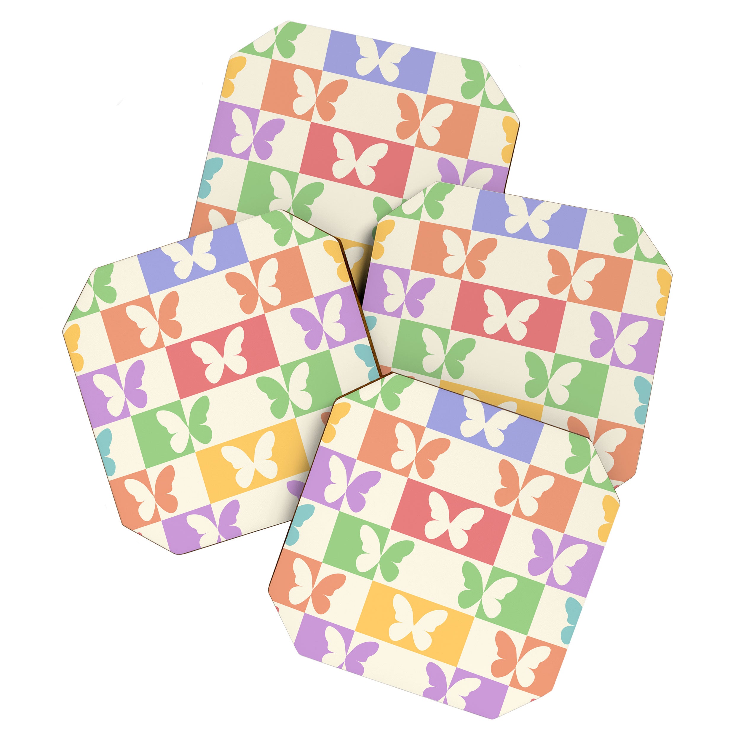 Retro Colorful Butterfly Checkered Pattern Coaster Gallery Image 1