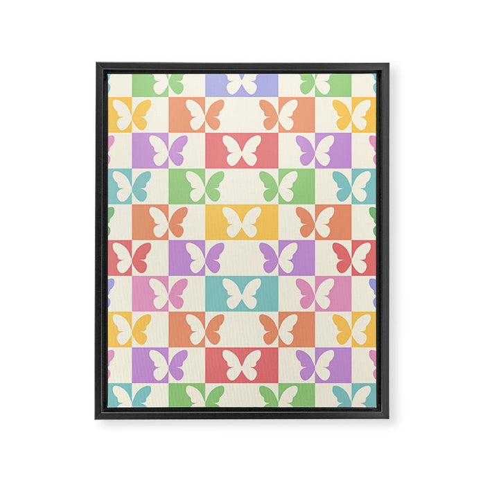 Retro Colorful Butterfly Checkered Pattern Framed Canvas Print Gallery Image 1